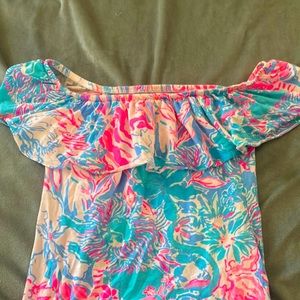 Women’s XS off the shoulder beautiful teal, pink and blue flower top.